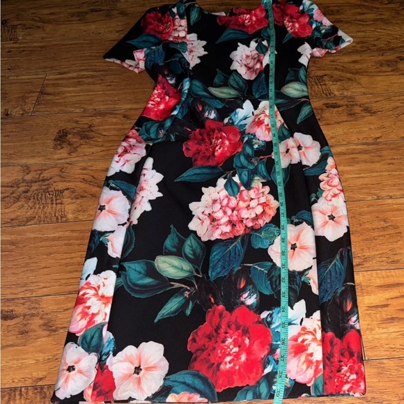 Calvin Klein Black Floral Short Sleeve Crew Neck Back Zip Sheath Dress Size 8 - Picture 6 of 9